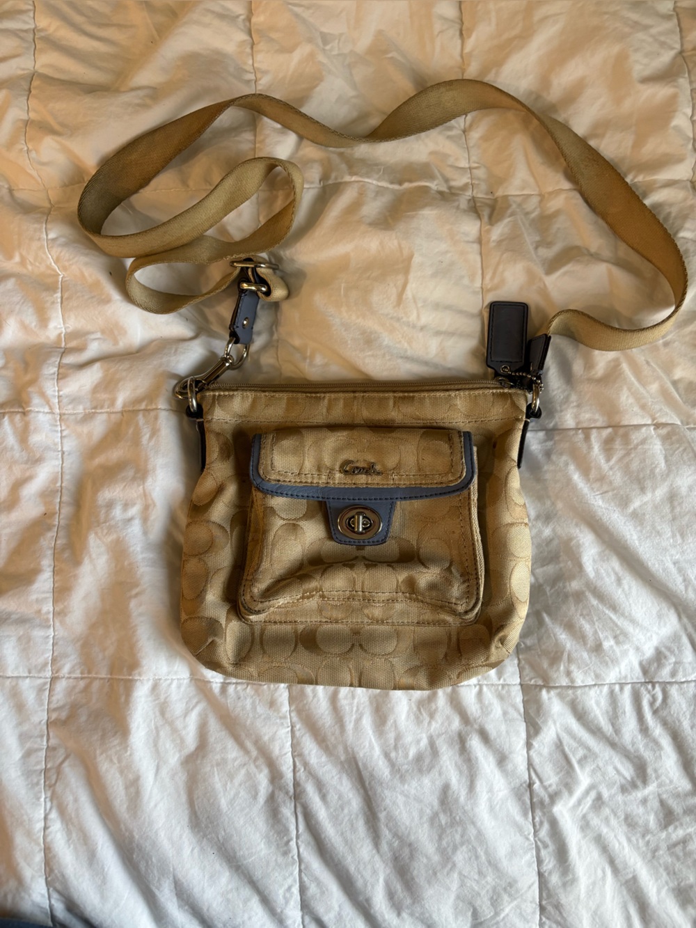 Coach Beige Signature Messenger Bag with Dark Trim